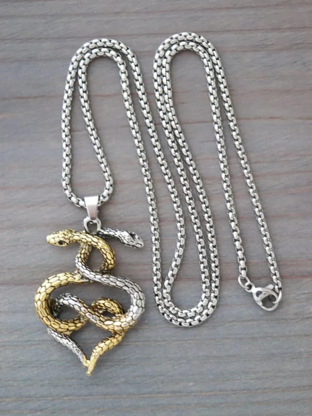 Snake Double Style Pendant Necklace 2-Tone Stainless Steel